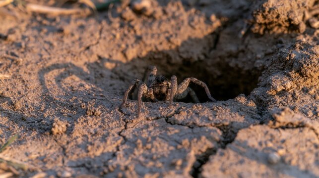 Wolf Spider Peering from Cracked Mud Burrow
