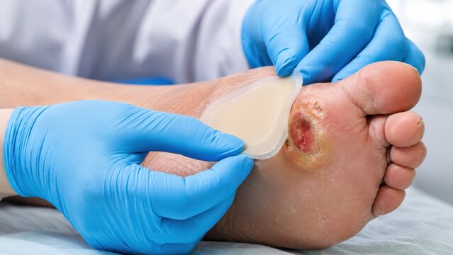 Doctor applying medical dressing to diabetic foot ulcer