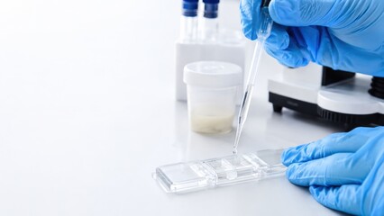 Fototapeta premium Embryologist pipetting semen sample onto counting chamber slide