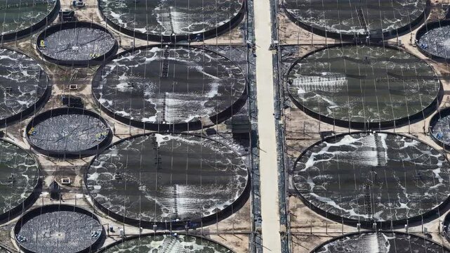 Aerial drone footage of sunrise over shrimp farms in Loc An, Ho Chi Minh City, Vietnam, featuring aquaculture ponds, golden reflections, coastal wetlands and sustainable seafood farming.