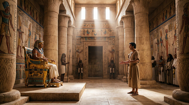 Joseph interpreting Pharaoh's prophetic dreams in the grand Egyptian palace. Seven fat cows and seven lean cows concept