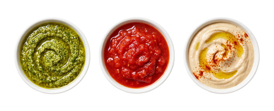 Pesto tomato sauce and hummus isolated on transparent background
