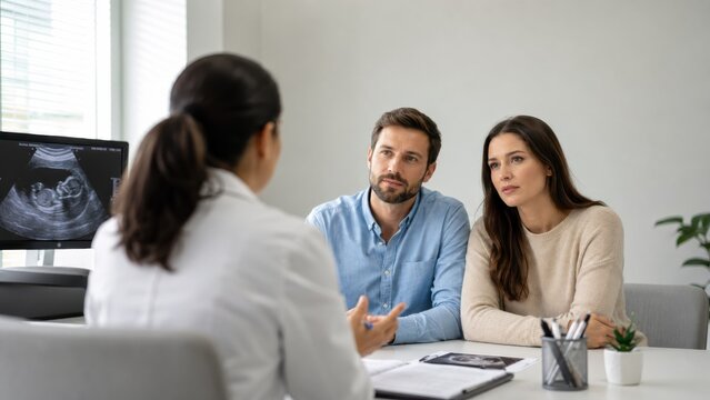 Fertility doctor consulting young couple in clinic office