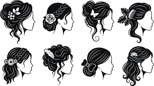 Eight black silhouette profiles of women featuring diverse hairstyles and decorative hair accessories