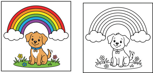 Fototapeta premium Cute Cartoon Puppy under a Rainbow
