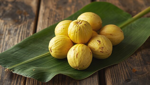 Fresh Indonesian Cempedak on Banana Leaf with Rustic Wooden Background