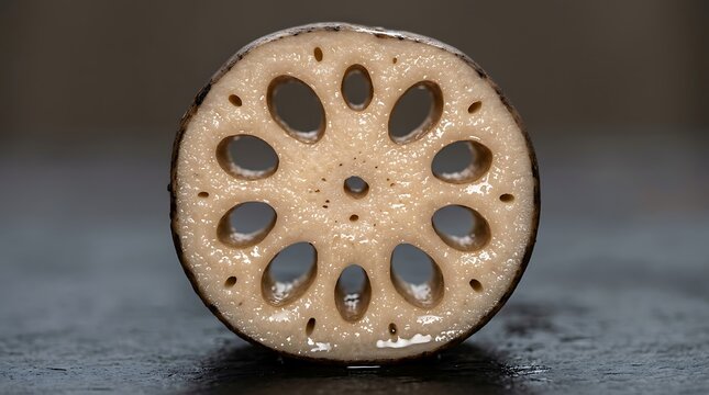 Close-up of a fresh sliced lotus root showing its unique porous internal pattern on a dark textured surface for culinary use