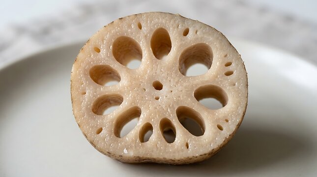 Close-up of a raw sliced lotus root showing detailed air hole pattern on a plate