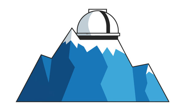 Minimalist mountain observatory with a circular dome on a sharp ridge in a clean geometric flat style modern architecture concept