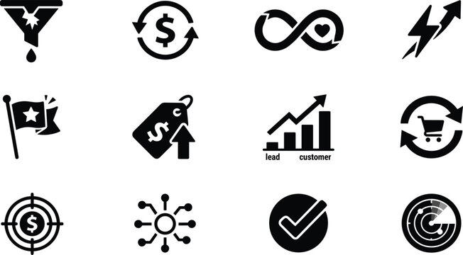 Digital marketing analytics conversion funnel metrics icon set featuring sales optimization tracking revenue management strategy business vector illustration style