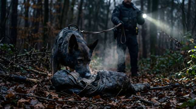 Tactical police officer and working dog conducting night search operations.