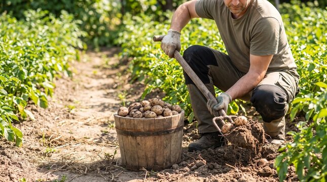 Farmer harvesting fresh potatoes with digging fork and wooden bucket in vegetable garden