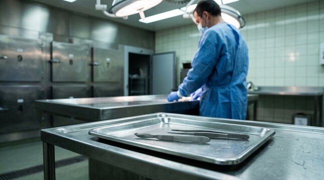 Forensic pathologist working in a sterile morgue environment.