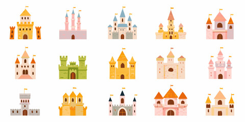 Colorful Cartoon Castles Illustration Set On White Background © ShibuProsad