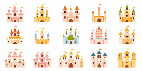 Colorful cartoon castle illustrations arranged on a white background © ShibuProsad