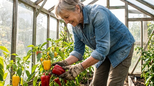 Senior woman harvesting ripe bell peppers in greenhouse vegetable garden