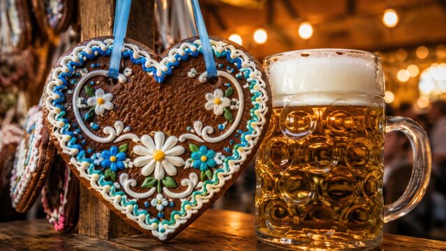 Oktoberfest gingerbread heart and foaming beer stein