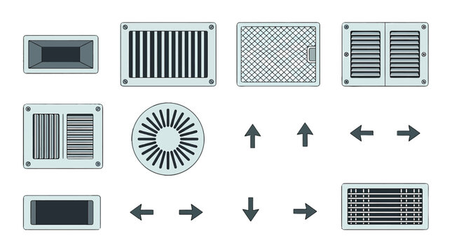 Set of Various HVAC Air Ventilation Grille and Diffuser Icons.