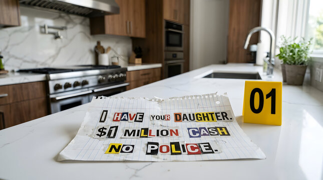 Kidnapping ransom note and evidence marker on kitchen counter.