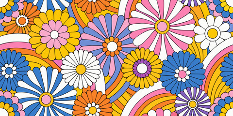 Retro floral ornament with vibrant colors and repeating circular shapes © ShibuProsad