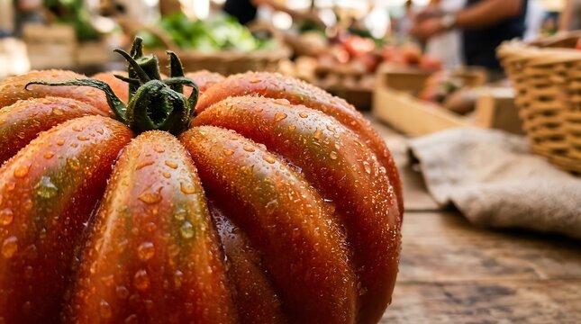 Close up of a fresh, wet heirloom tomato displayed at a local outdoor farmers market