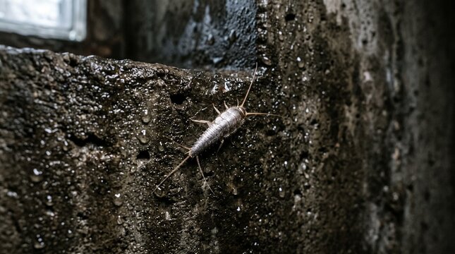 A silverfish insect on a damp concrete basement wall with visible moisture