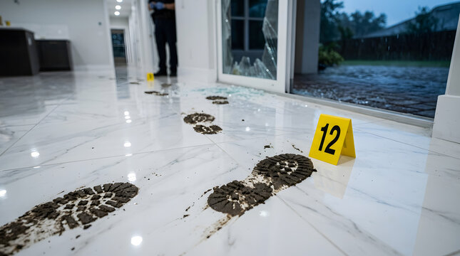 Muddy footprints on white marble floor with yellow forensic evidence markers.