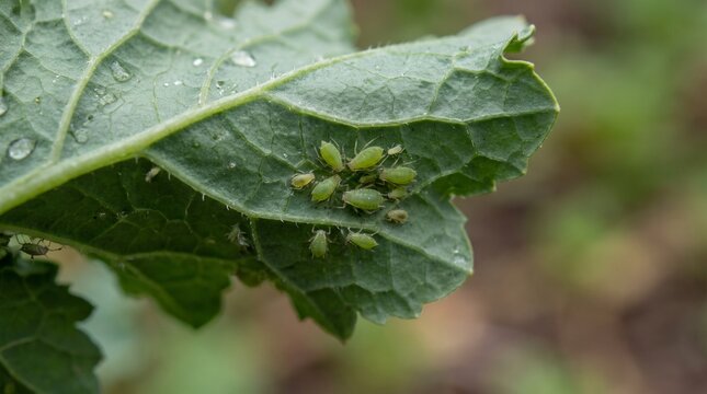 Green aphid colony infesting vegetable leaf in close up macro with copy space