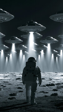 Astronaut standing on alien planet lunar surface looking up at fleet of massive alien UFO spaceships shining light beams down.