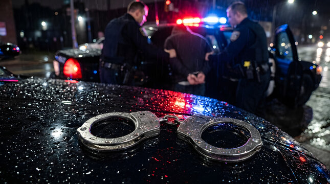 Police officers arresting a suspect at night.