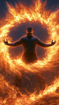 A man, wielding magic, stood with his arms outstretched amidst a large, fiercely blazing ring of fire.