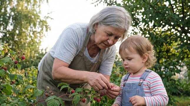 Grandmother teaching toddler to pick ripe raspberries together in backyard berry garden