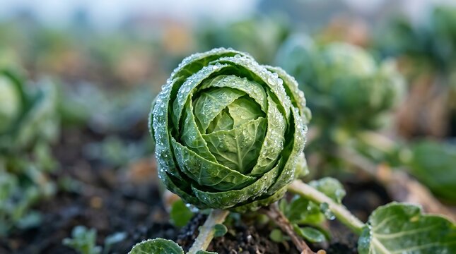 Fresh Brussels sprout plant growing in agricultural field covered with morning frost drops close up view