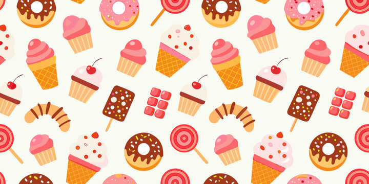 Sweets pattern with donuts cupcakes ice cream and chocolate bars