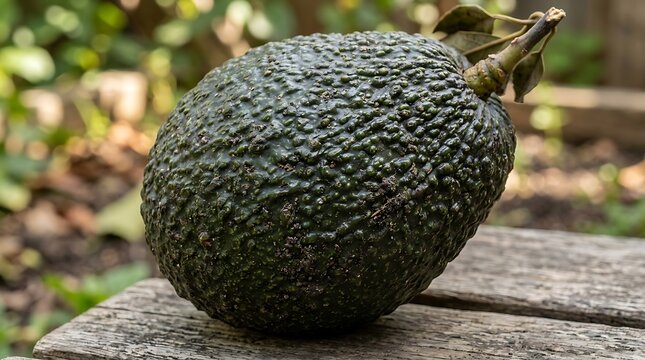 Single Fresh Ripe Dark Skin Hass Avocado Resting on Distressed Wooden Surface in Sunlit Garden Setting with Natural Background
