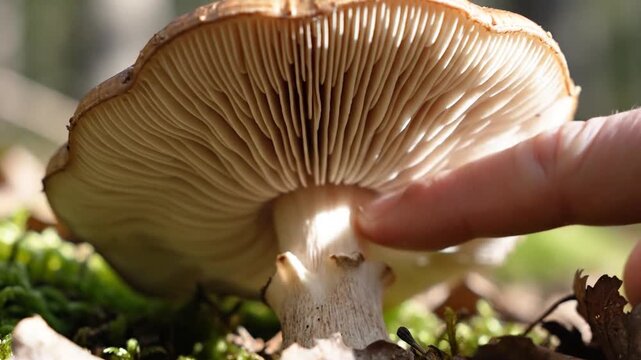 Detailed macro close-up of mushroom gills with a finger touching the underside in a natural forest setting