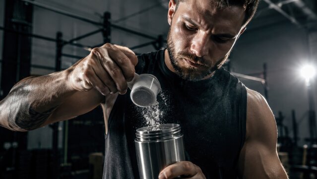 Athlete pouring supplement powder into steel shaker in gym