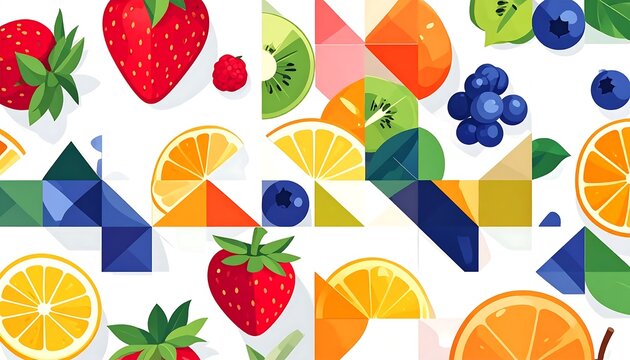 Colorful geometric pattern with floral and fruit motifs.