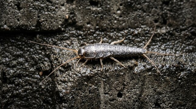 Close up of a silverfish insect on a concrete basement wall