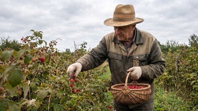 Senior man harvesting raspberries into basket in berry field