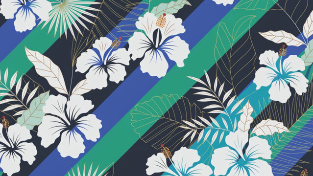 Seamless tropical Hawaiian floral pattern featuring white hibiscus flowers vector background 