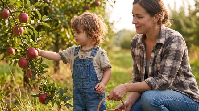 Mother smiling while child picking apples in orchard