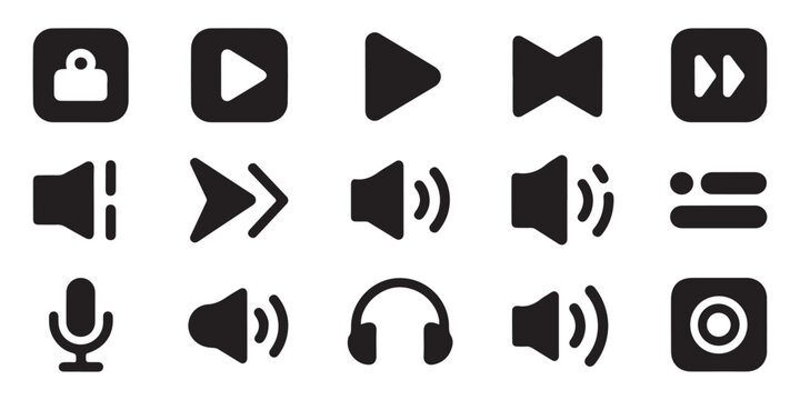 Multimedia playback control buttons collection with various sound levels and hardware device graphics.