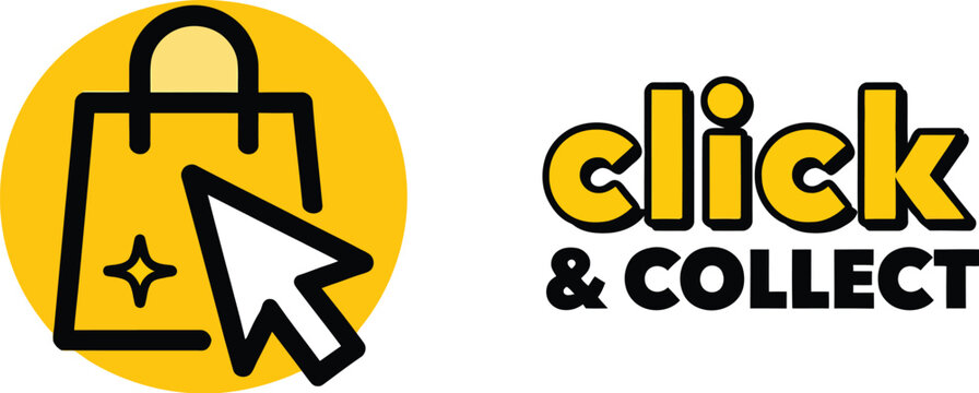 Click and collect vector logo featuring shopping bag and cursor icon for ecommerce, online store, retail pickup, digital shopping and delivery branding.