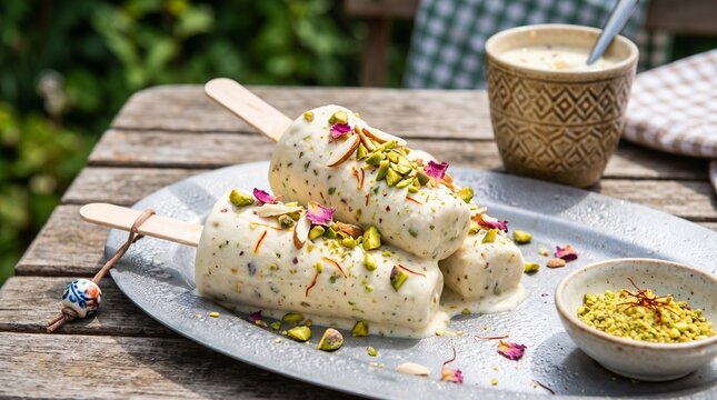 Kulfi popsicles garnished with pistachios and rose petals sit on a metal tray on a rustic wooden table.