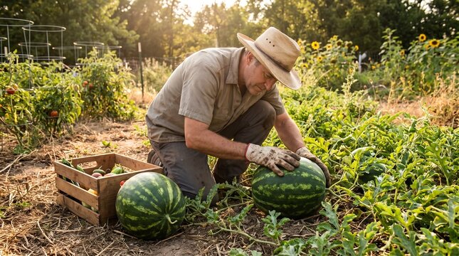 Farmer inspecting ripe watermelon in vegetable garden
