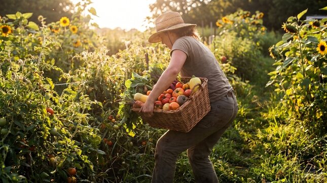 Woman carrying basket of harvested vegetables in garden at sunset