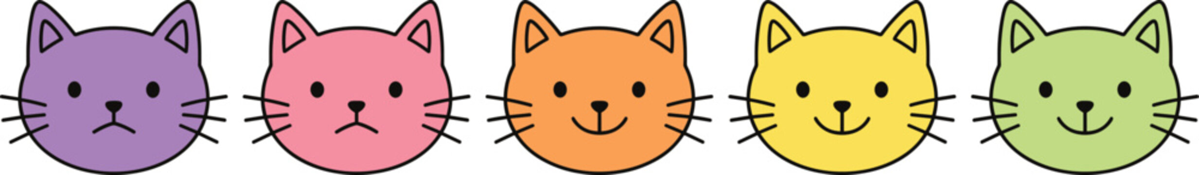 Colorful Cute Cat Face Rating Scale Vector Set Featuring Sad to Happy Expressions for Customer Satisfaction Feedback and Mood Tracker Designs.