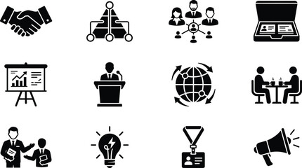 Naklejka premium Business Office Icon Set with Handshake, Hierarchy, Network, Presentation, and Conference Symbols for Corporate Web Development and Vector Design