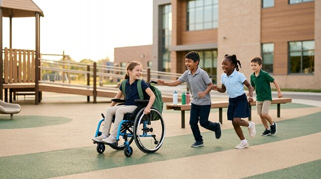 Diverse group of happy elementary school children playing together on the school playground.